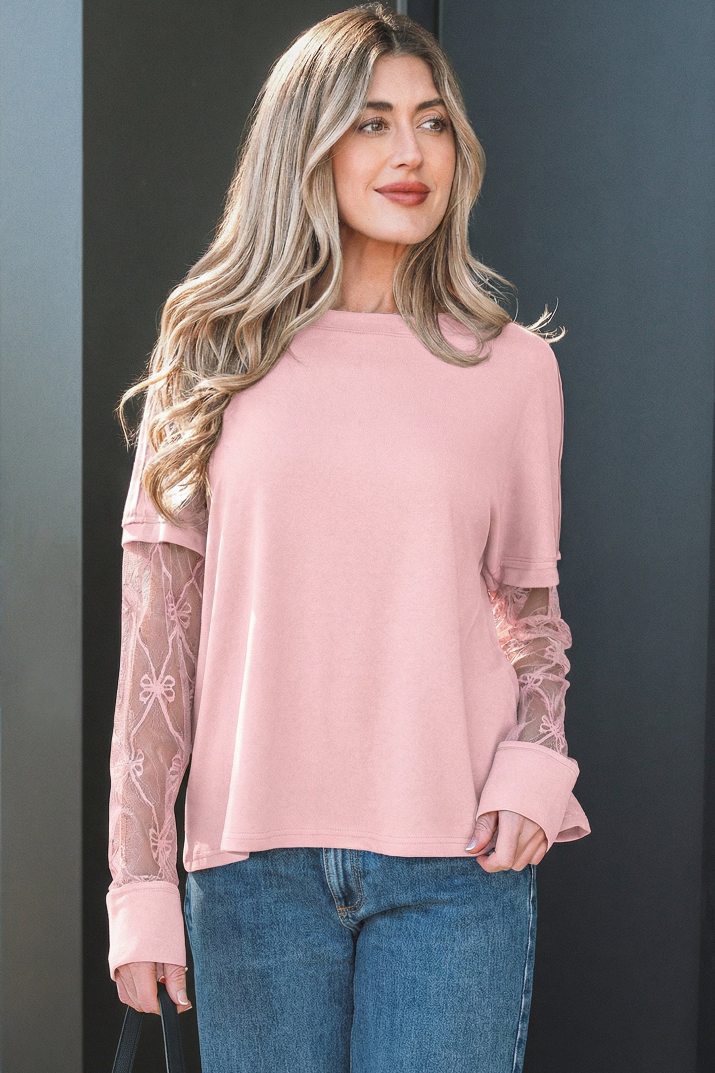 Black Solid Color Bow Textured Patchwork Long Sleeve Tee