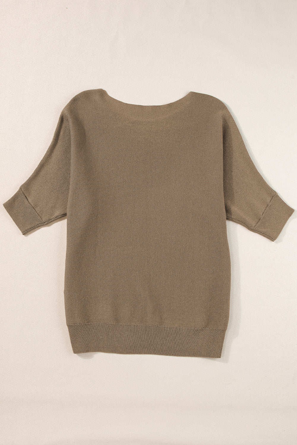 Coffee Round Neck Half Sleeve Ribbed Knit Top