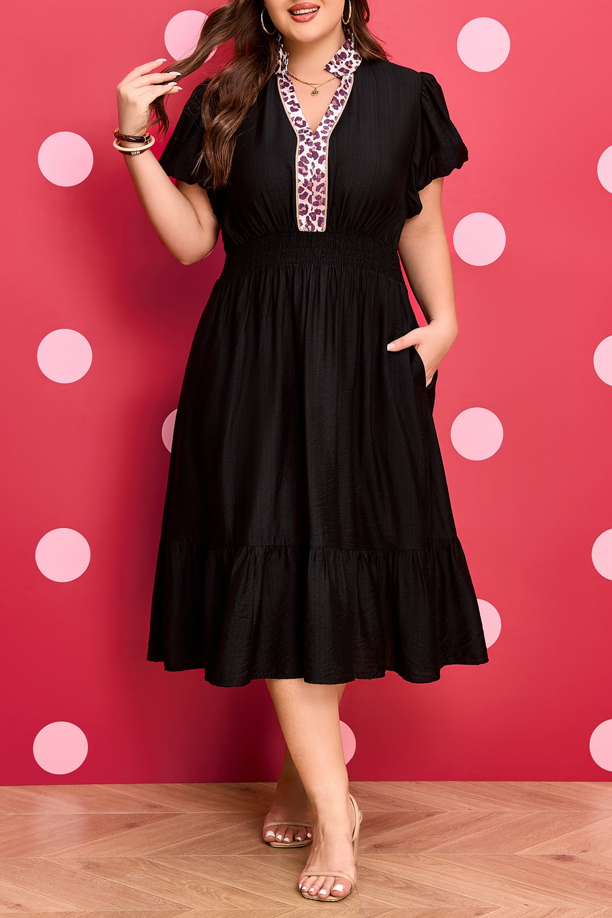 Black Leopard V Neck Patchwork Smocked Waist Plus Size Ruffled Dress