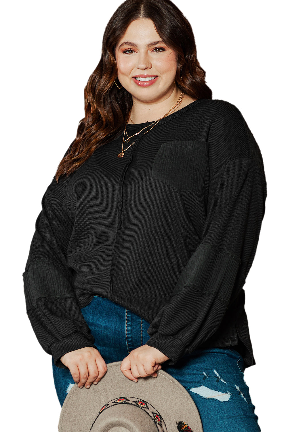 Black Plus Size Mardi Gras Patch Crinkle Patchwork Top