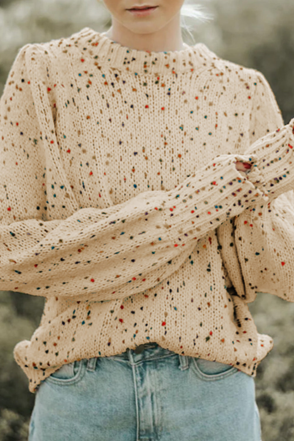 White Pilling Detail Patterned Sleeve Sweater