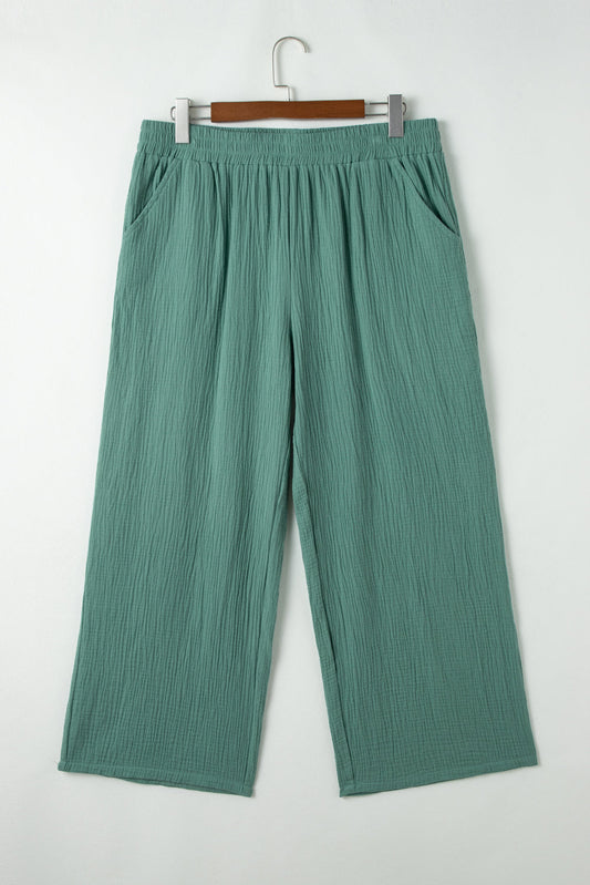 Smoke Green Plus Size Textured Frayed Edge Wide Leg Pants