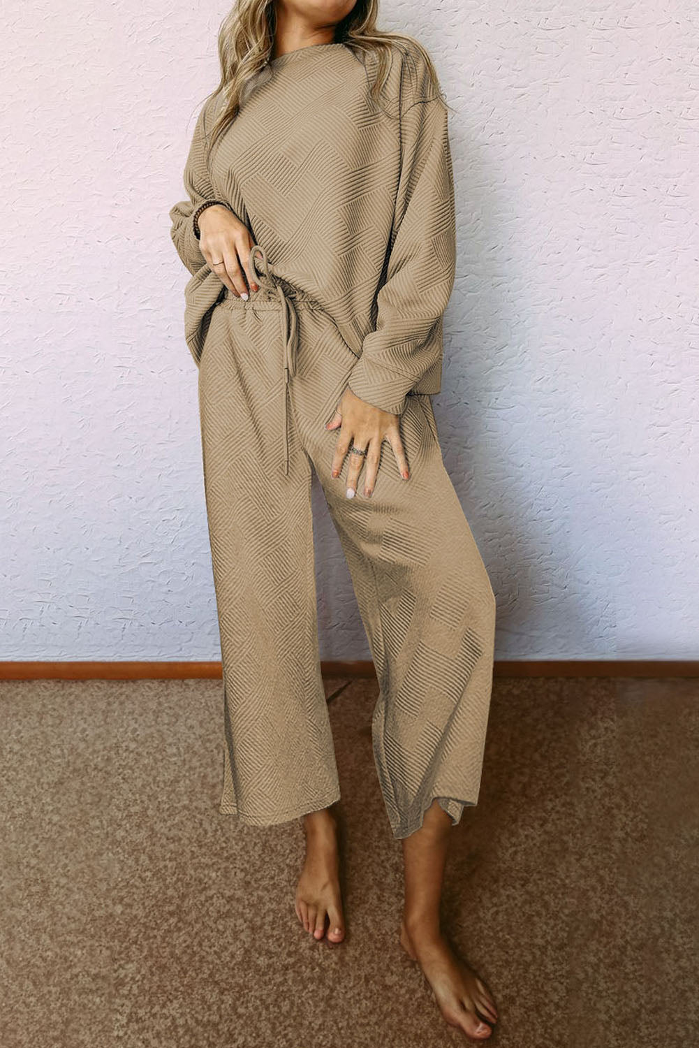 Light Grey Plus Size Textured Casual Two-Piece Pants Set