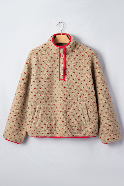 Khaki Heart Pattern Fleece Colorblock Collar Long Sleeve Sweatshirt