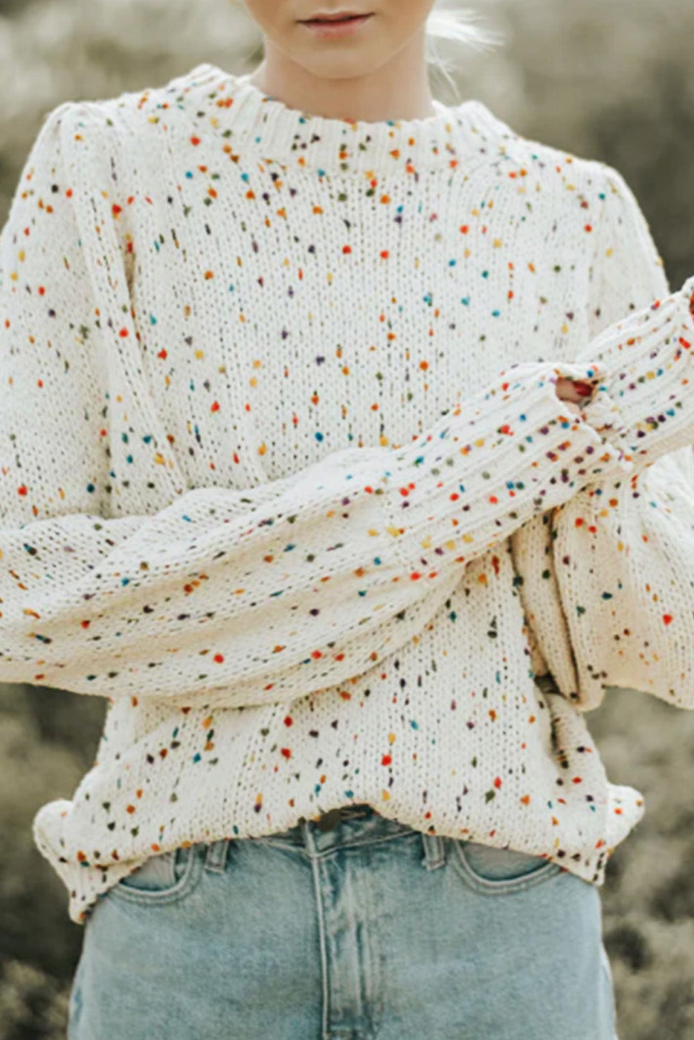 White Pilling Detail Patterned Sleeve Sweater