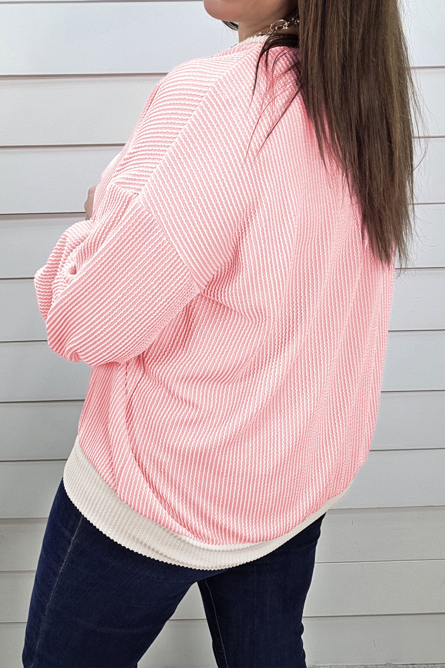 Pink Ribbed Knit Colorblock Long Sleeve Round Neck Plus Size Blouse