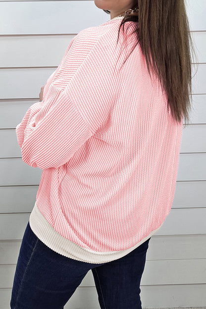 Pink Ribbed Knit Colorblock Long Sleeve Round Neck Plus Size Blouse
