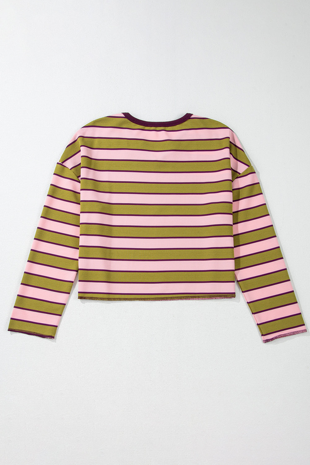 Spinach Green Clashing Stripes Waffle Texture Notched Neck Long Sleeve Top