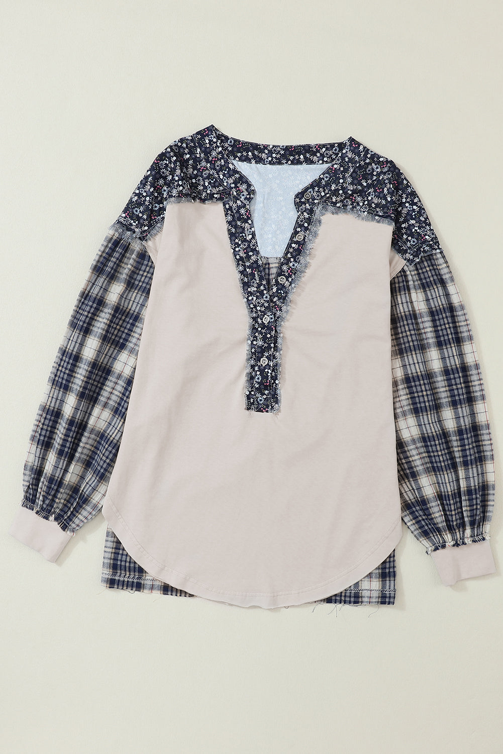 Navy Blue Mixed Print Half Buttons Plus Size Pullover Top