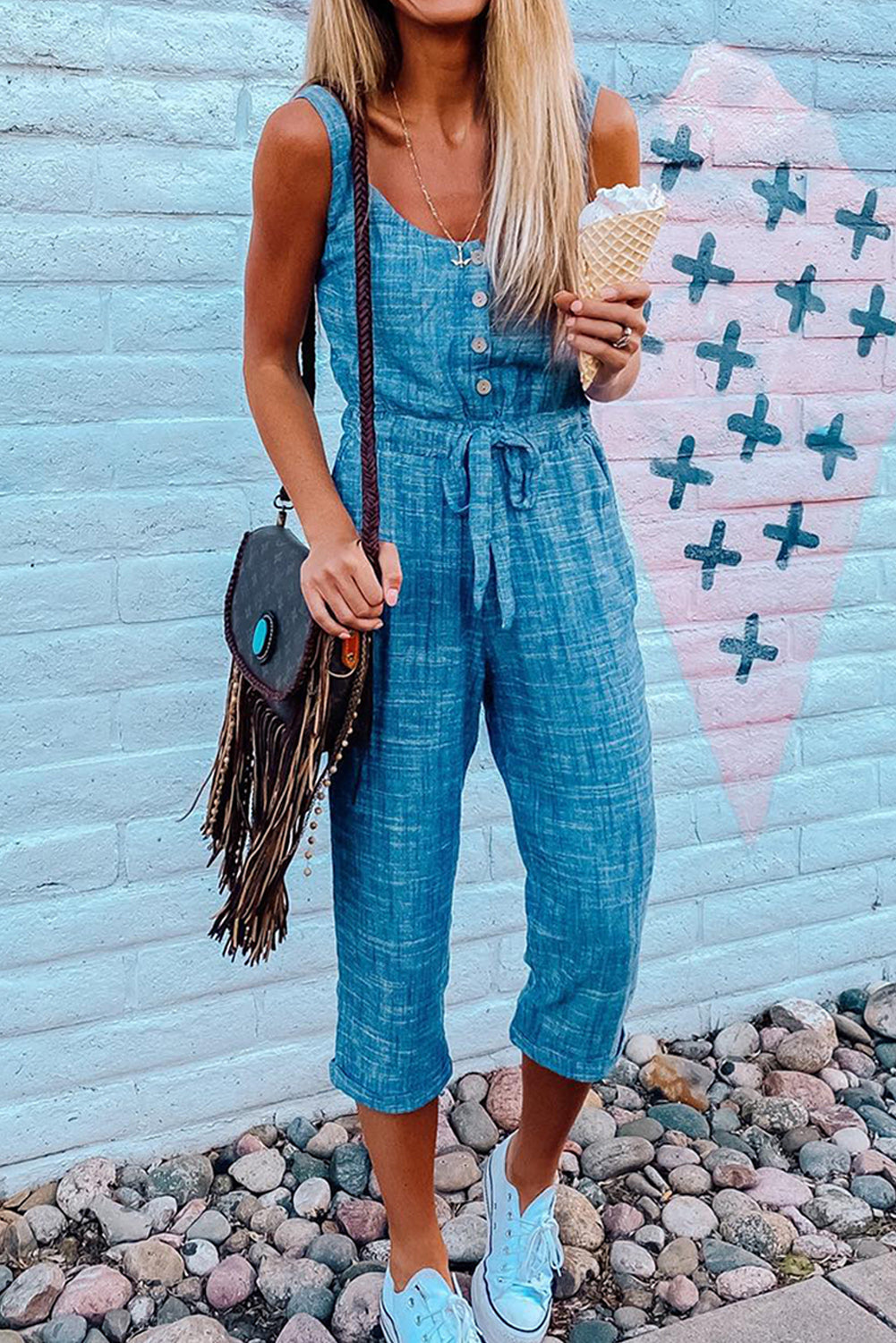 Button Drawstring High Waist Sleeveless Cropped Jumpsuit