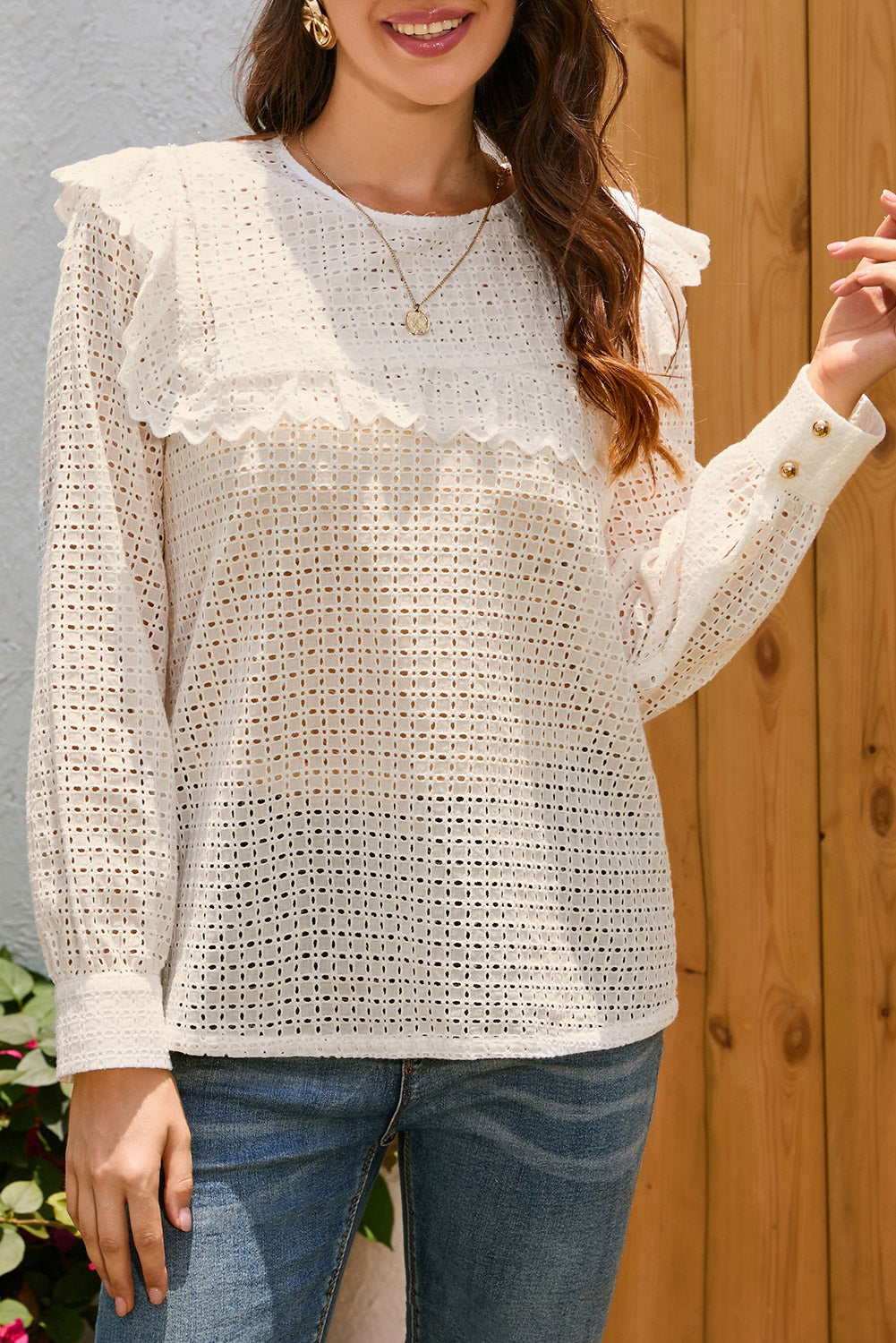 Beige Hollowed Long Sleeve Round Neck Ruffled Blouse