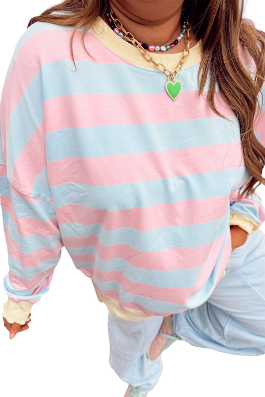 Sky Blue Stripe Colorblock Plus Size Sweatshirt