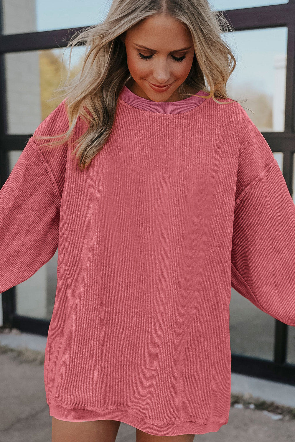 Strawberry Pink IN MY MERRY ERA Loose Fit Corded Sweatshirt