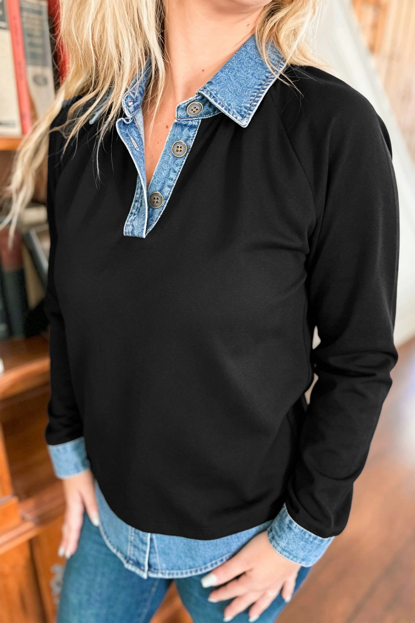 Black Solid Colorblock Long Sleeve V-Neck Plus Size Blouse