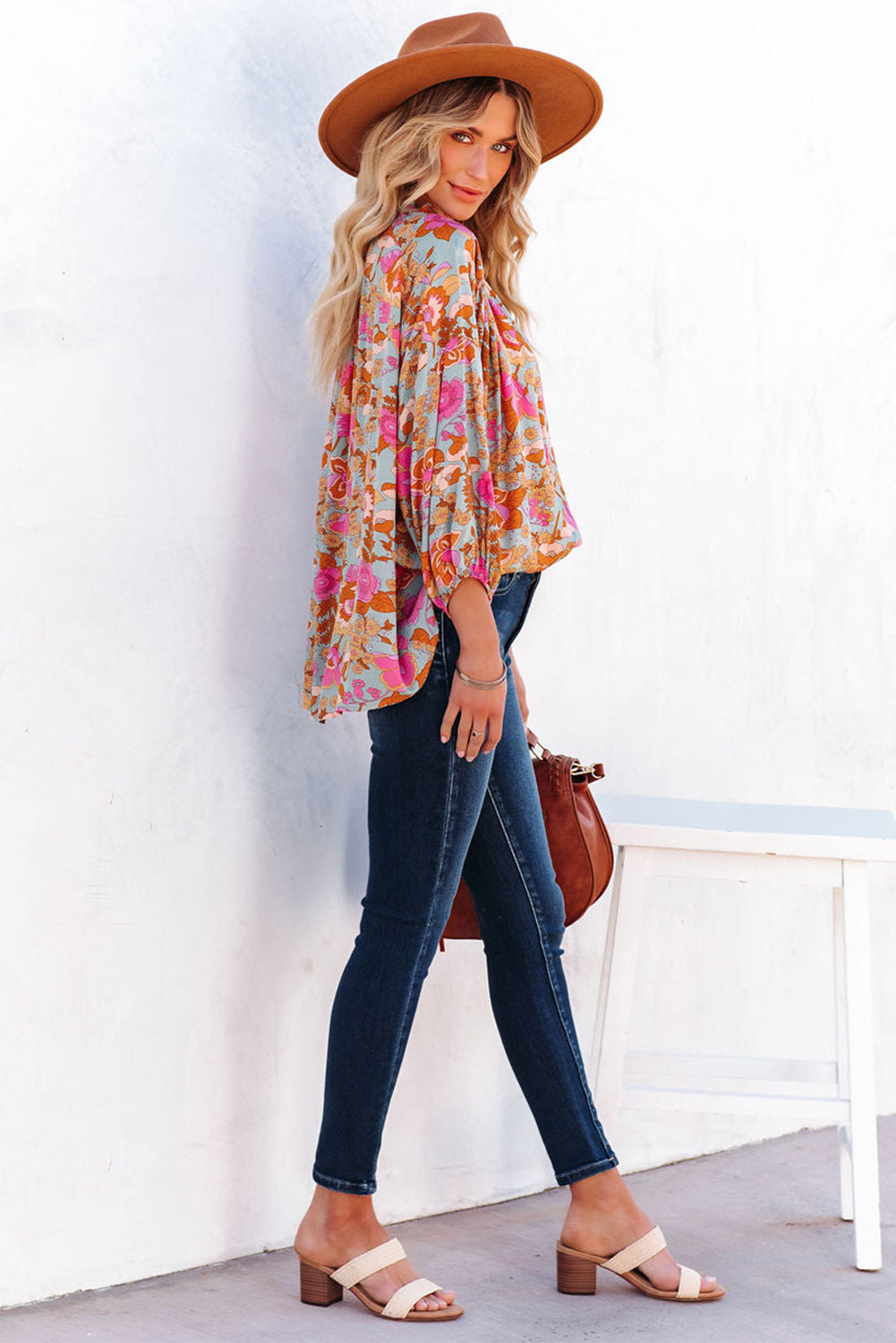 Blue Frilled Off Shoulder Floral Blouse