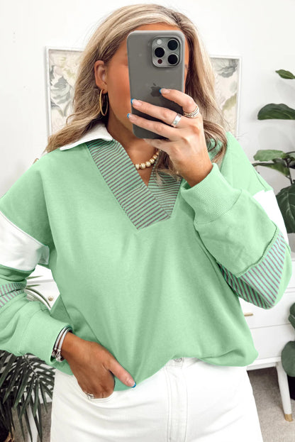 Moonlight Jade Colorblock Striped Patchwork Collar V Neck Plus Size Sweatshirt