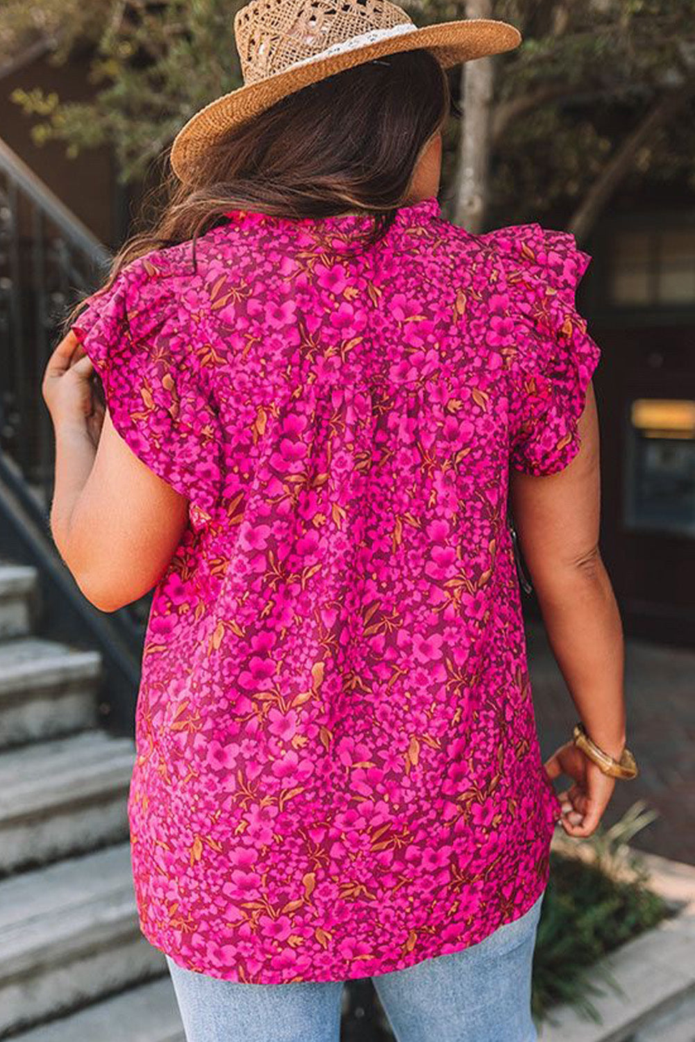 Rose Floral Print Ruffle Sleeve Plus Size Shift Top