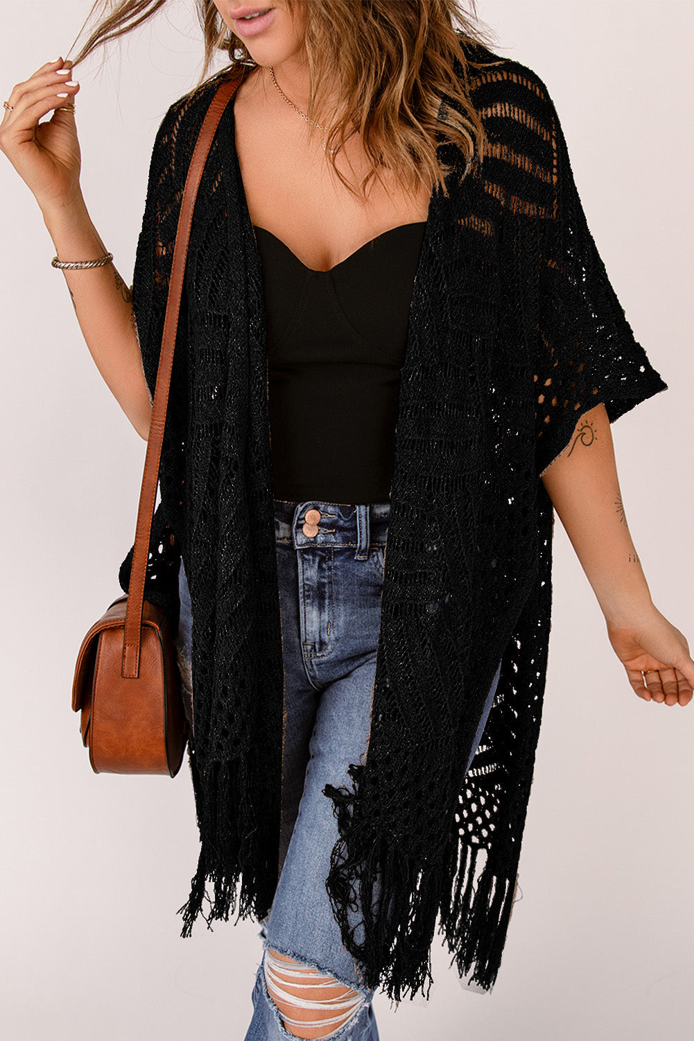 White Loose Knitwear Kimono with Slits