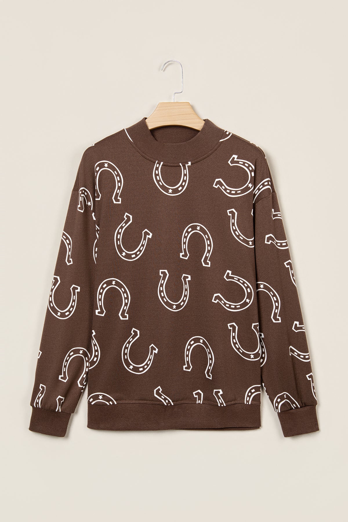 Brown Western Horseshoe Print Mock Neck Casual Pullover Sweatshirt