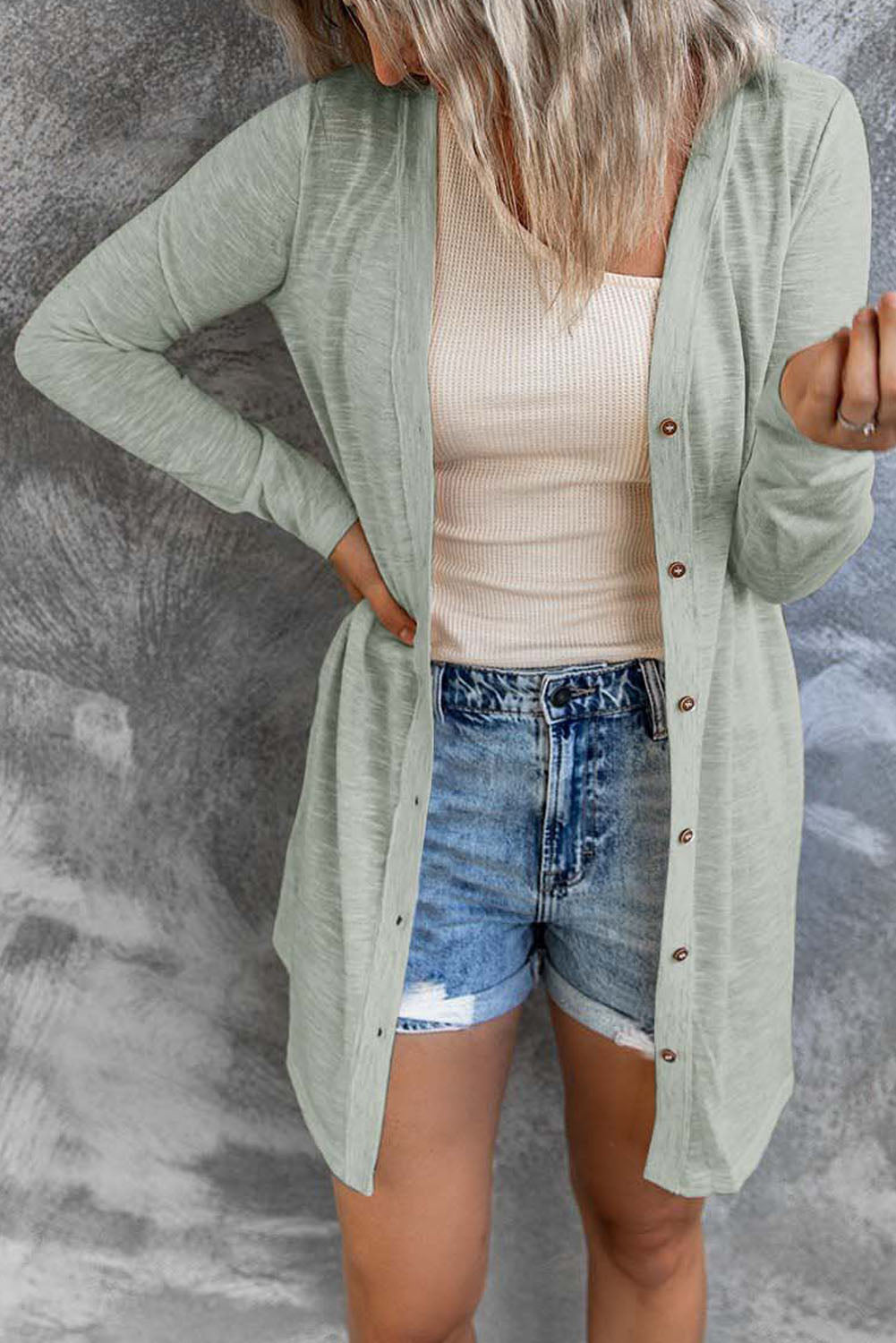 Brown Buttoned Thigh-high Length Plus Size Cardigan