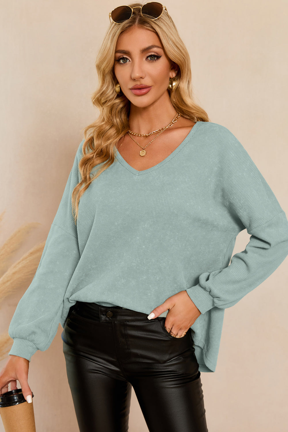 Black Waffle Knit V Neck Long Sleeve Loose Tunic Top