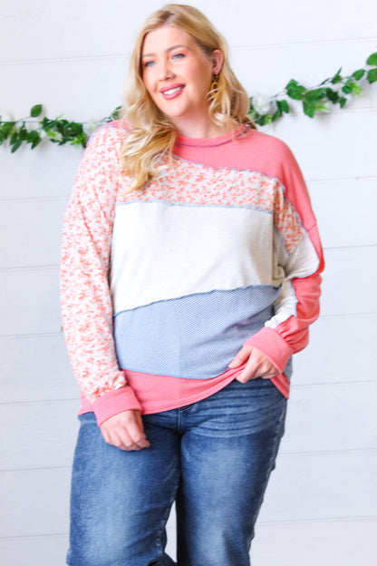 Coral Patchwork Two Tone Floral Outseam Top