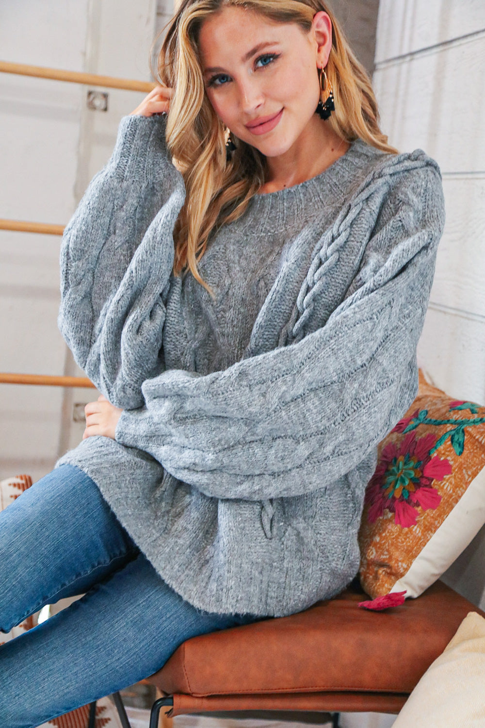 Grey Raglan Cable Knit Bubble Sleeve Sweater