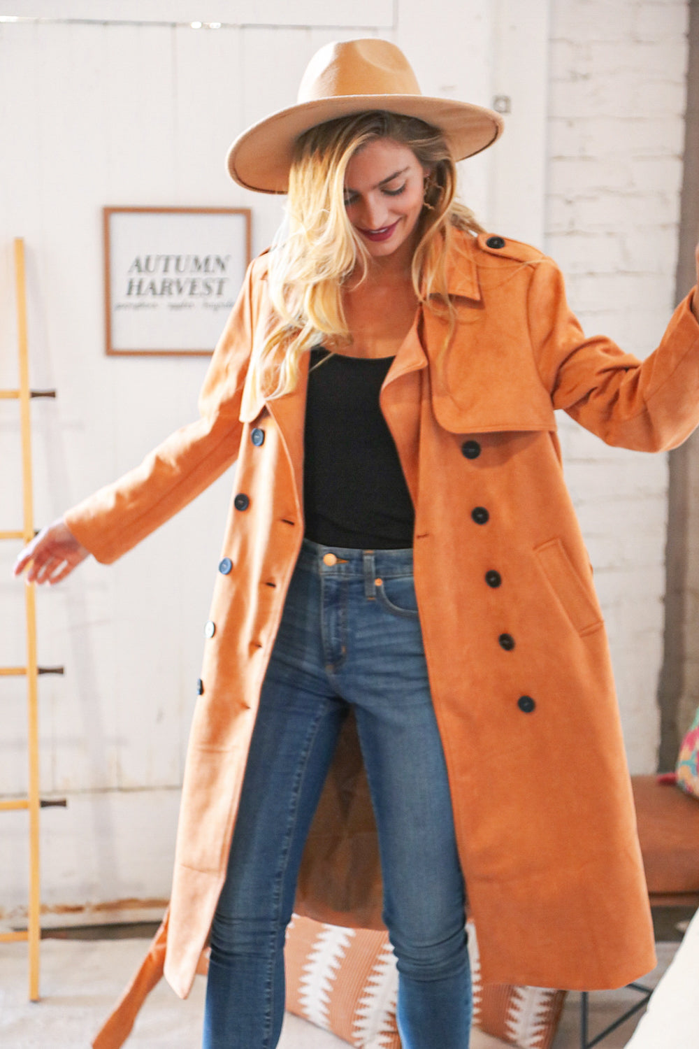 Rust Suede Double Breasted Belted Trench Coat