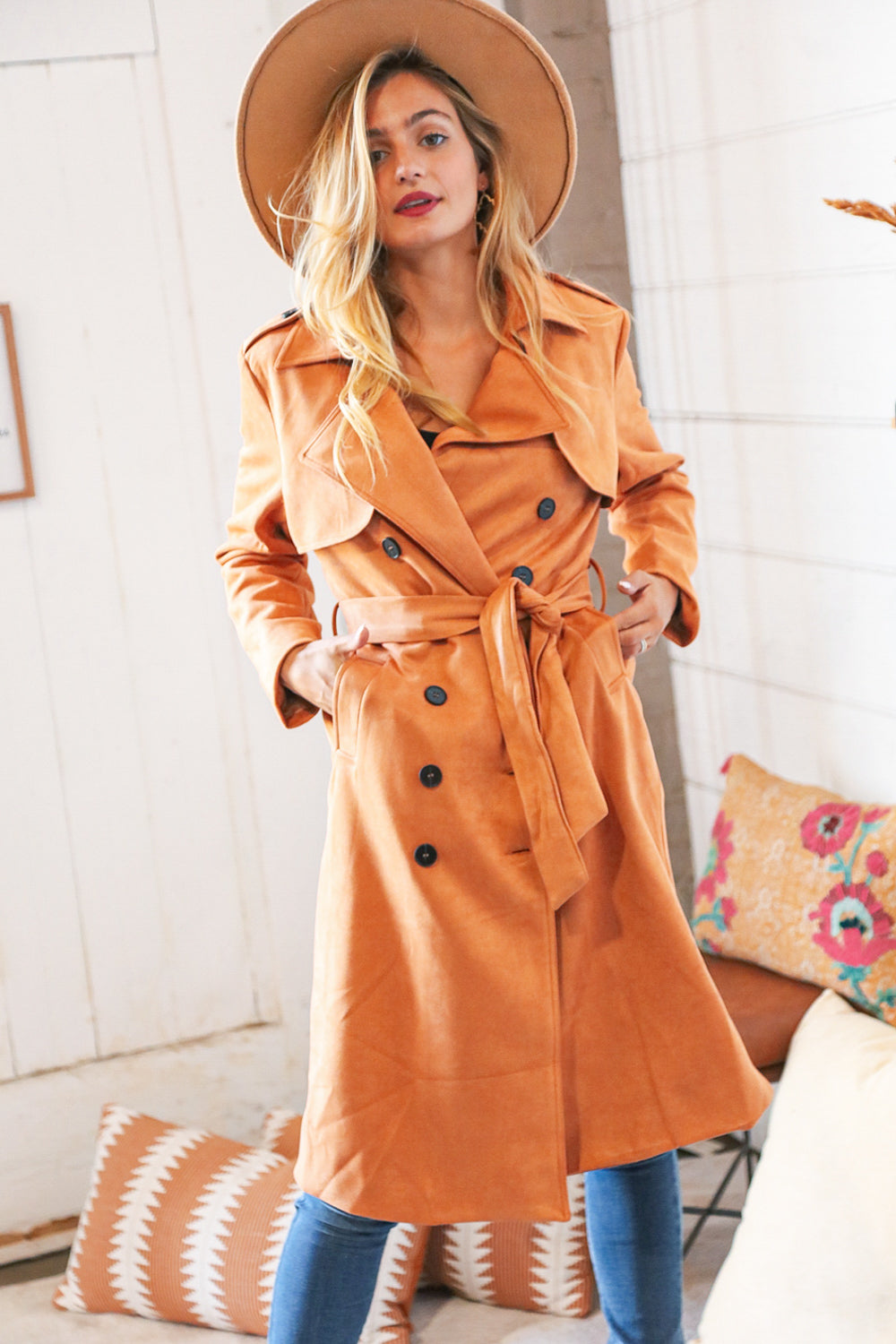 Rust Suede Double Breasted Belted Trench Coat