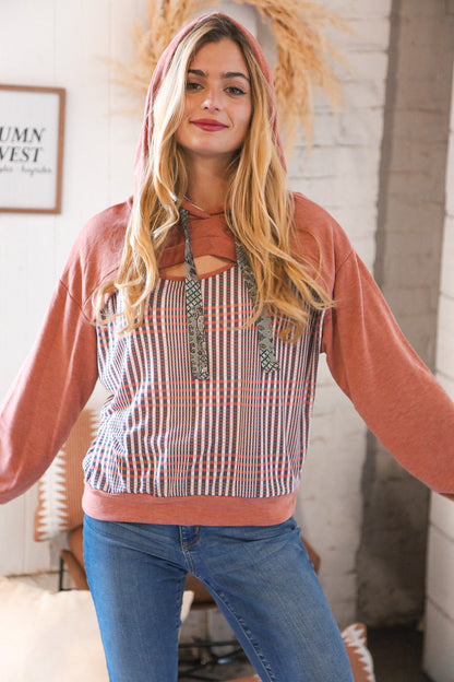 Rust Check Print Peekaboo Cut Out Hoodie
