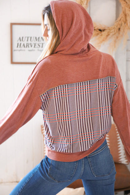 Rust Check Print Peekaboo Cut Out Hoodie