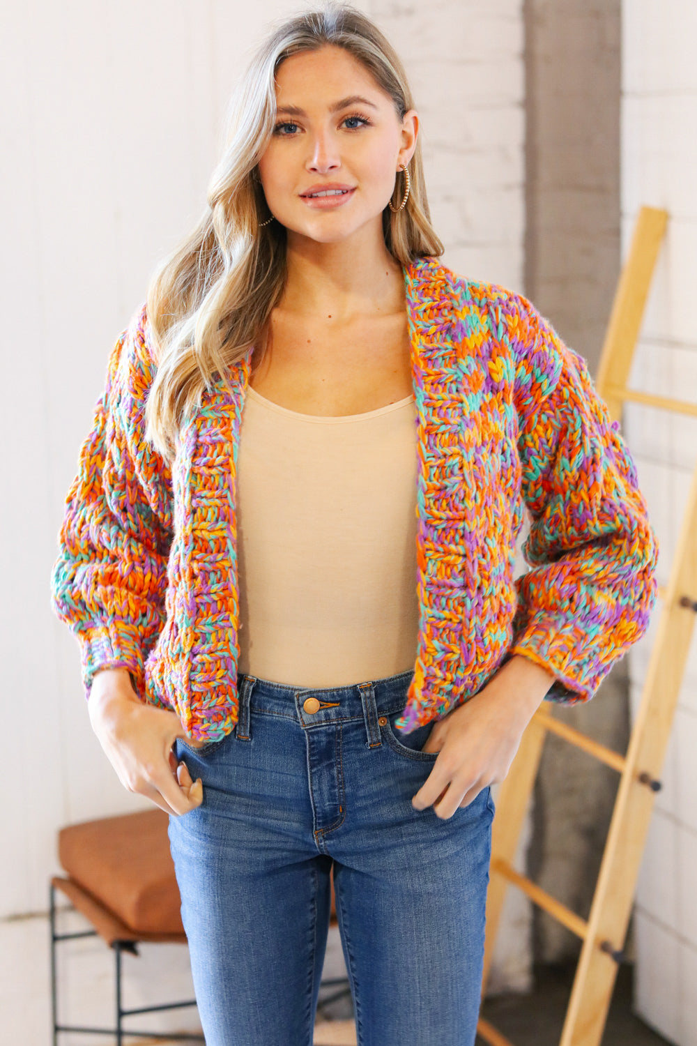 Multicolor Chunky Knit Cropped Open Cardigan