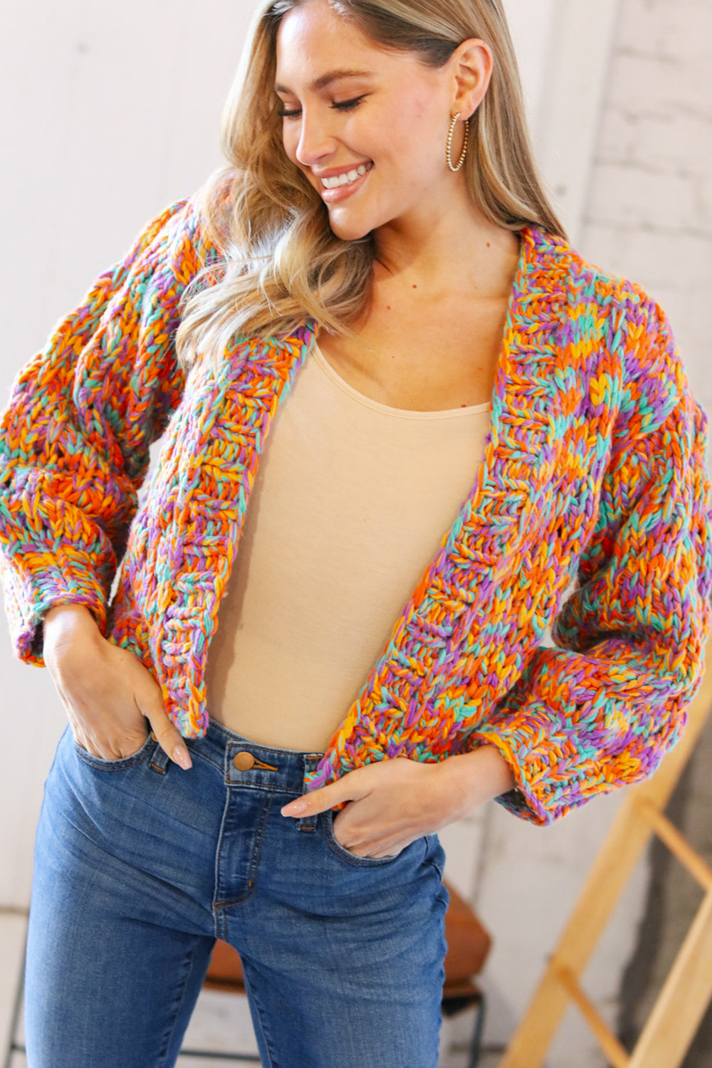 Multicolor Chunky Knit Cropped Open Cardigan