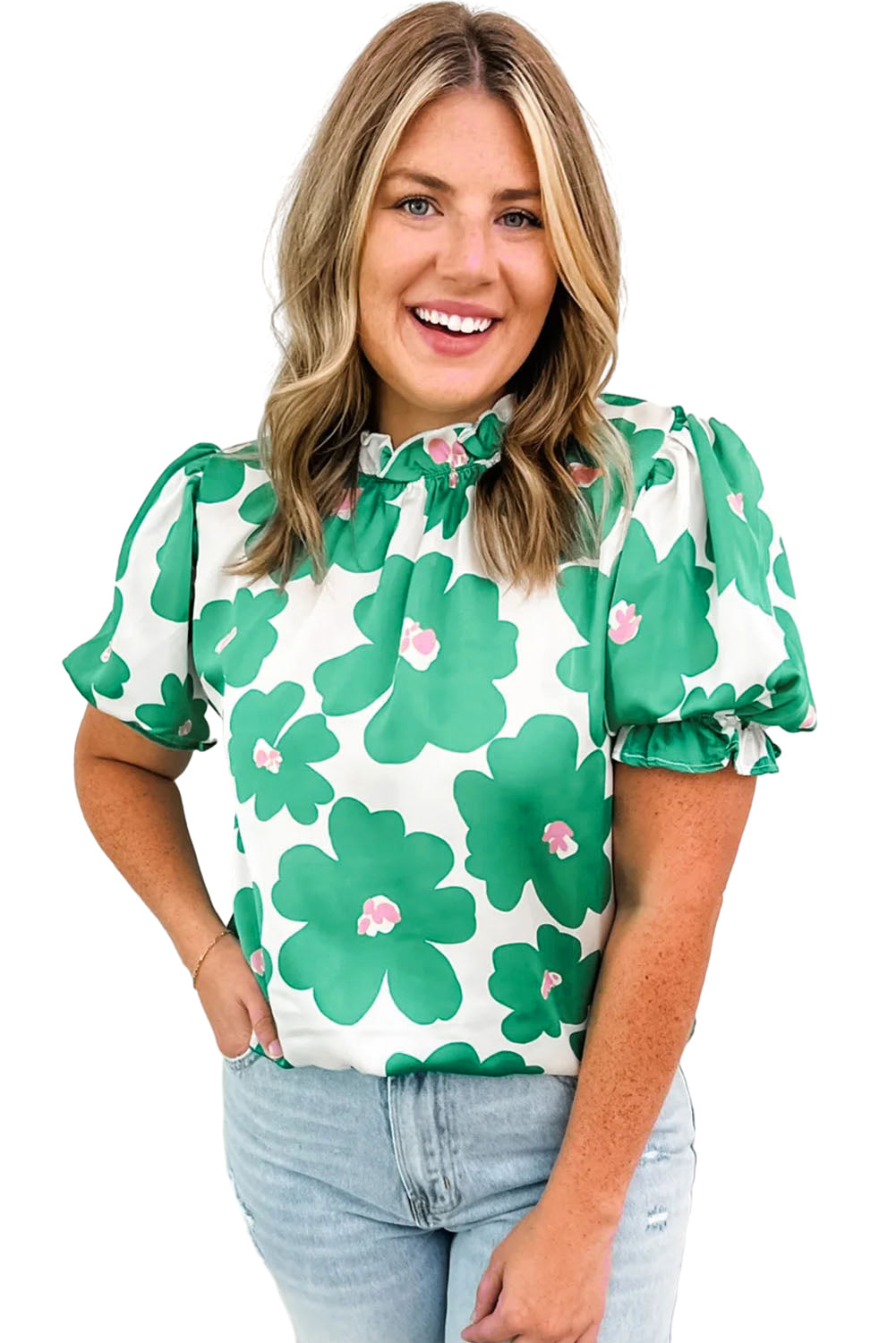 Green Floral Puff Sleeve Frill Neckline Blouse