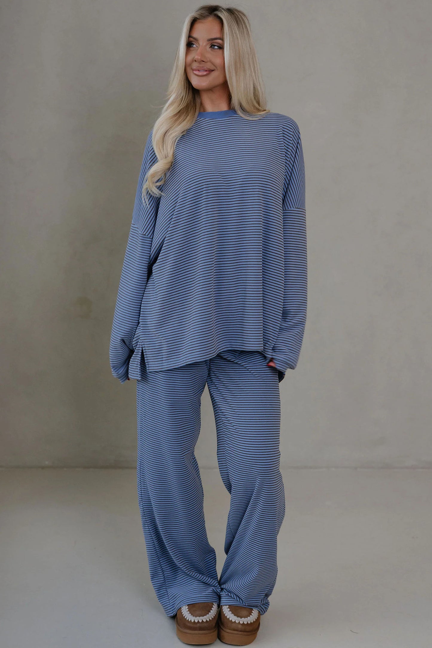 Pink Striped Drop Shoulder Long Sleeve Pant Set
