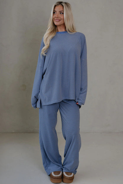 Pink Striped Drop Shoulder Long Sleeve Pant Set