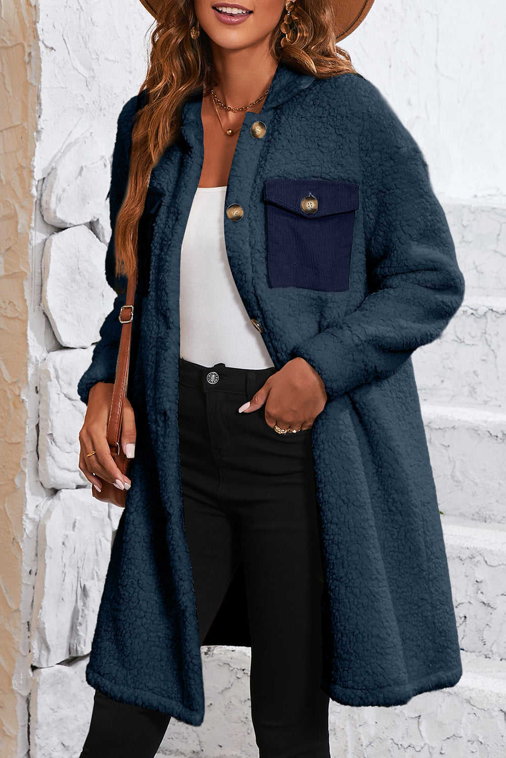 Blue Contrast Flap Pocket Single Breasted Teddy Coat