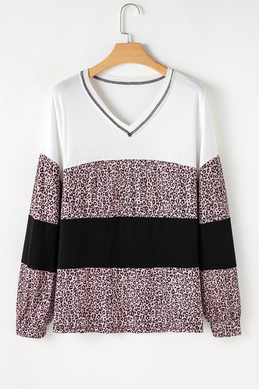 Black Leopard Print Colorblock V Neck Long Sleeve Plus Size Top