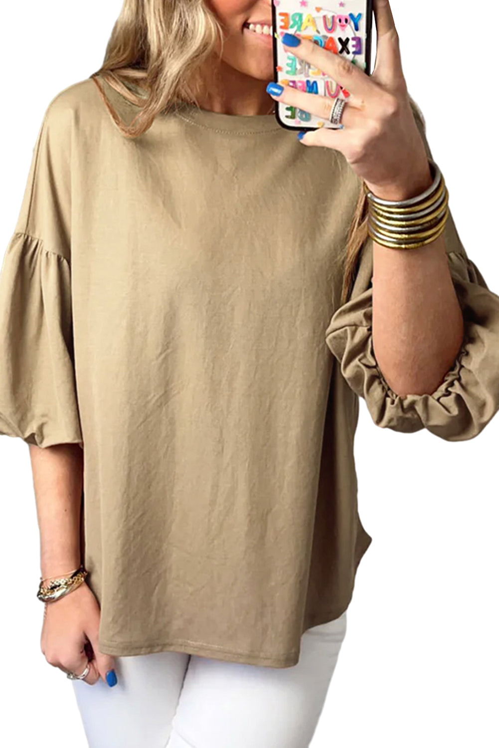 Light French Beige Solid Color Lantern Sleeve Drop Shoulder Blouse