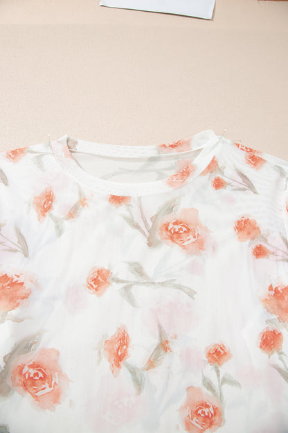 Red Plus Size Floral Print Sheer Mesh Long Sleeve Top
