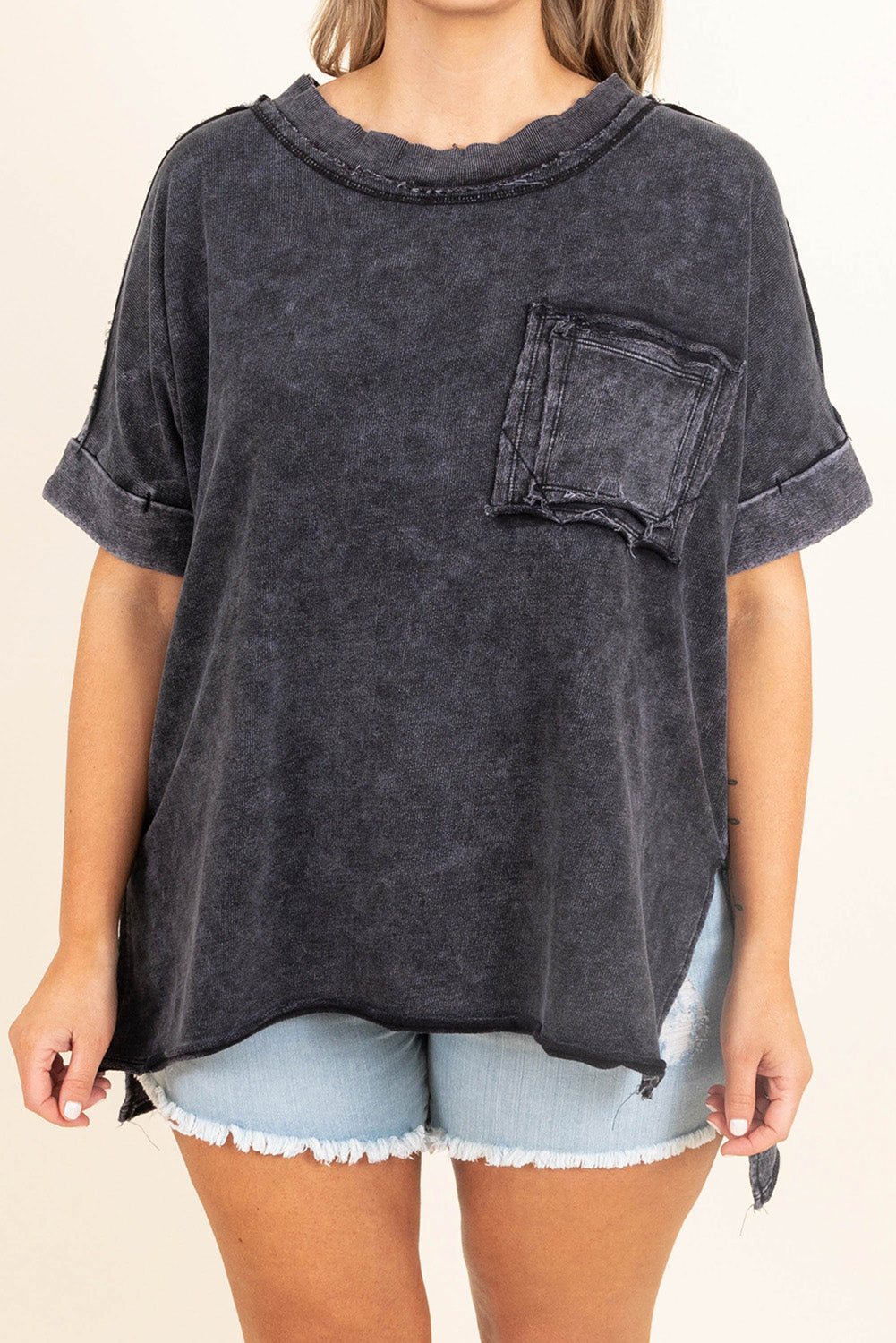 Mineral Wash Distressed Slit Patch Pocket Oversize Tee