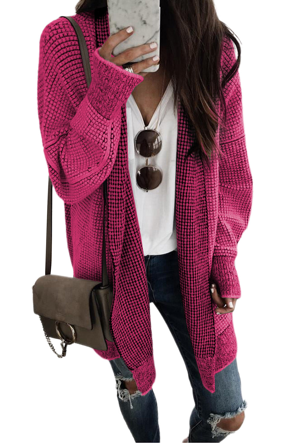 Black Plaid Knitted Long Open Front Cardigan