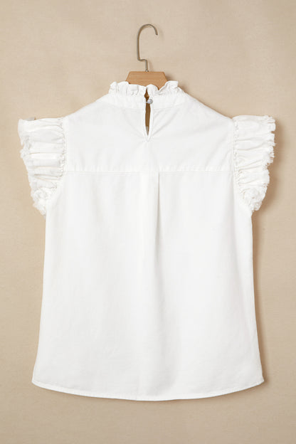 White Frilled Collar Flutter Sleeve Denim Top