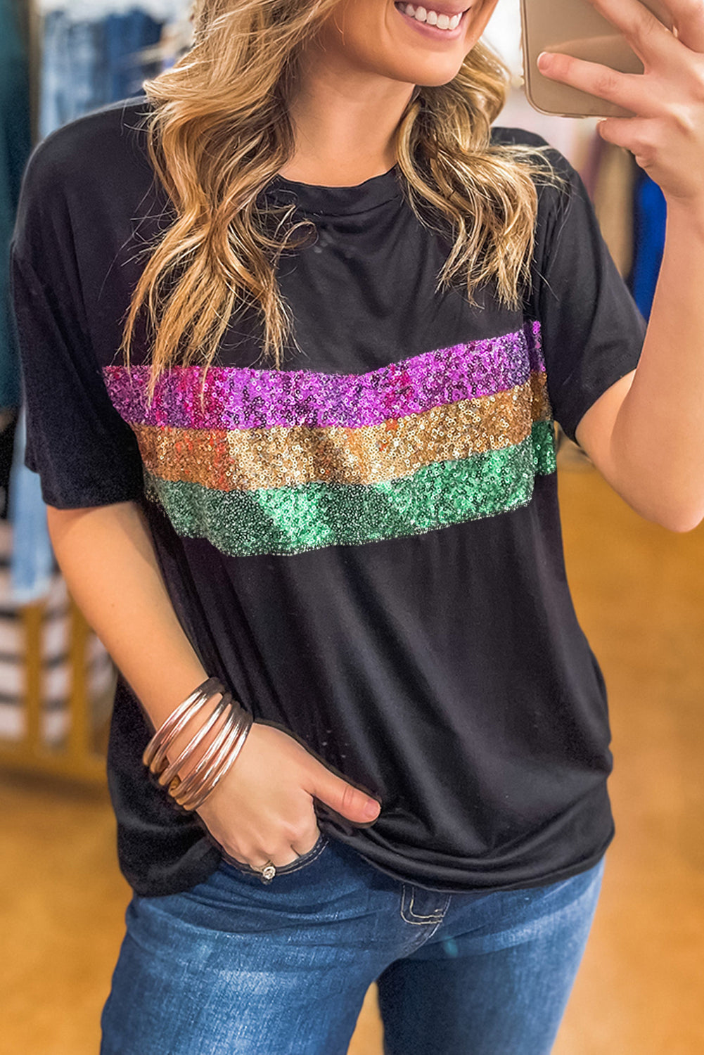 Black Sequin Stripes Patchwork Mardi Gras Crew Neck T Shirt