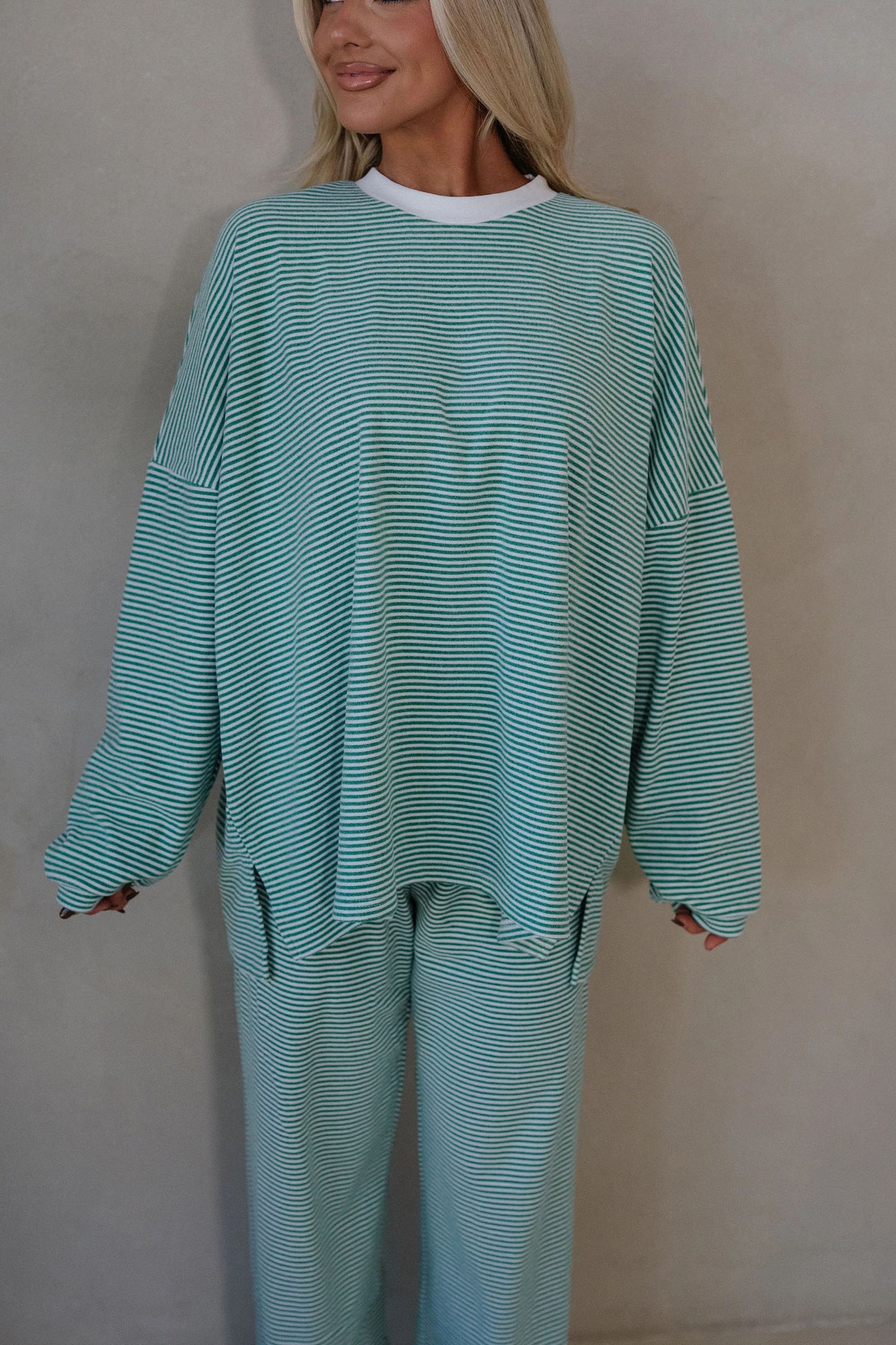 Pink Striped Drop Shoulder Long Sleeve Pant Set