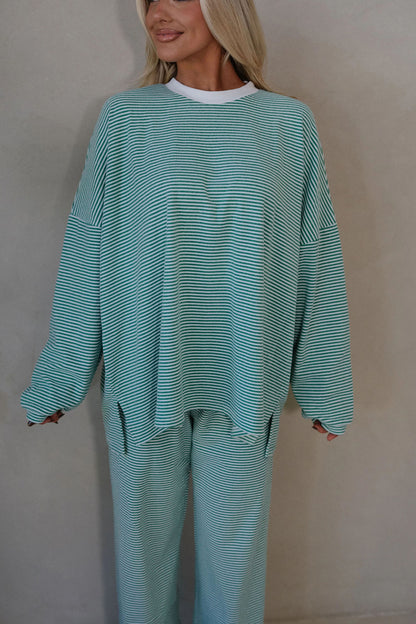 Pink Striped Drop Shoulder Long Sleeve Pant Set