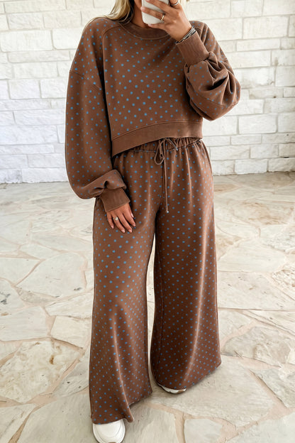 Brown Polka Dot Round Neck Long Sleeve Plus Size Set