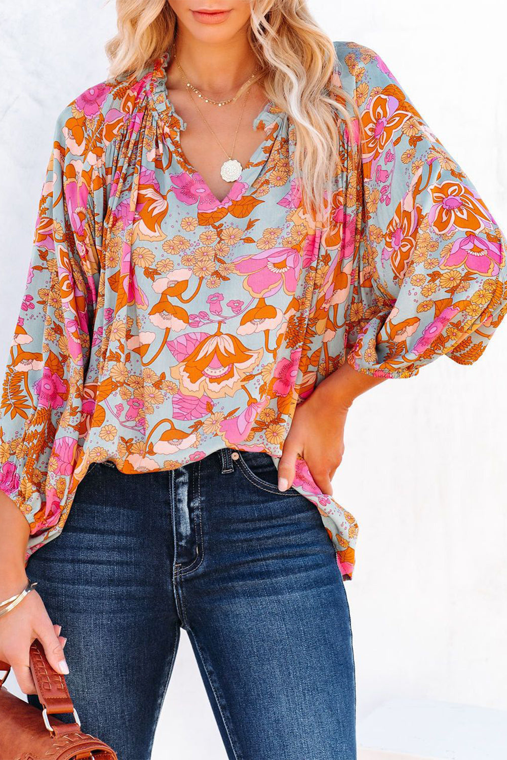 Blue Frilled Off Shoulder Floral Blouse