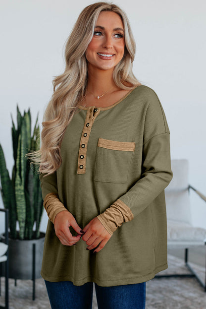 Vineyard Green Waffle Textured Patchwork Tunic Henley Top