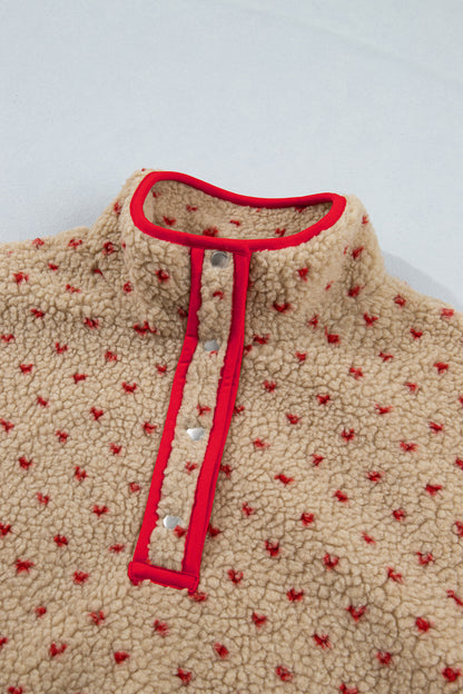 Khaki Heart Pattern Fleece Colorblock Collar Long Sleeve Sweatshirt